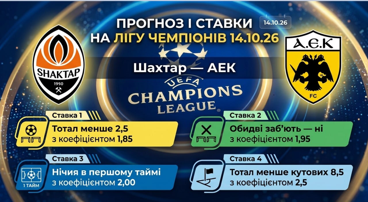 Шахтер — АЕК: прогноз и ставки на Лигу чемпионов 14.10.26